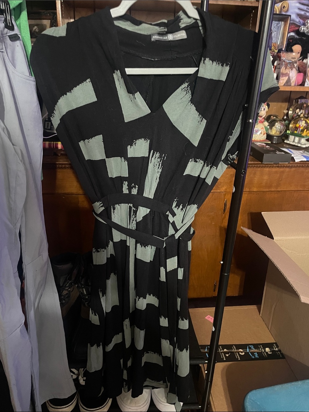 Black Midi Wrap Dress with Sage Brushstroke Print